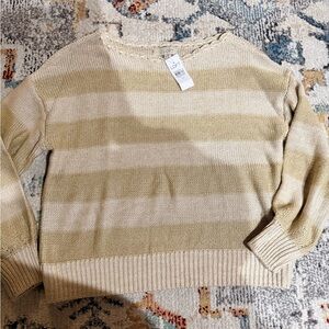 LOFT Women's Sweater - Cream and Tan Stripes